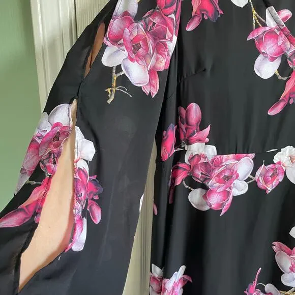 Venus Hi-Low Dress Sz 18 V-Neck Black Pink Floral Liner Bell Cut Out Sleeves - Picture 5 of 15